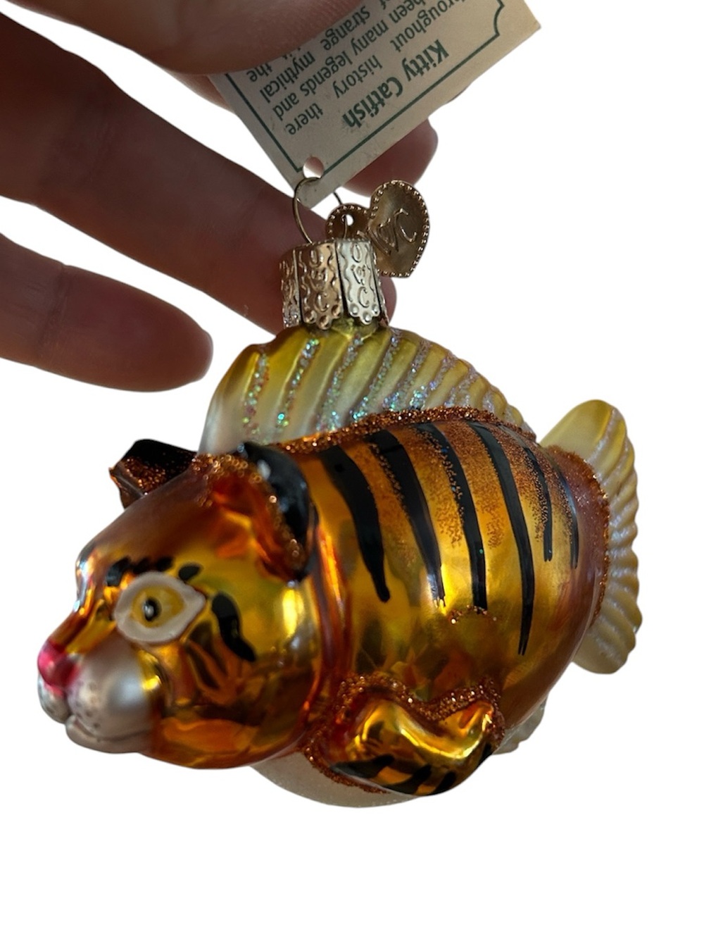 Old world Christmas Glass Tiger Kitty CatFish Ornament one ear broken 2004